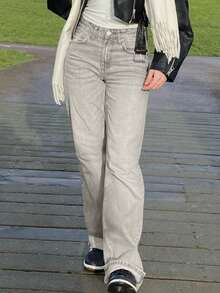 MYOURSA Women's Low-Rise Straight Leg Washed Jeans, Loose Fit, Casual Commute Daily Wear, Light Gray - Light Grey - View 3