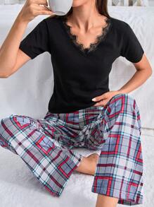 RueChic 2Pcs  Lace Detail Top And Plaid Printed Long Bottom Lounge Set - Black - View 1