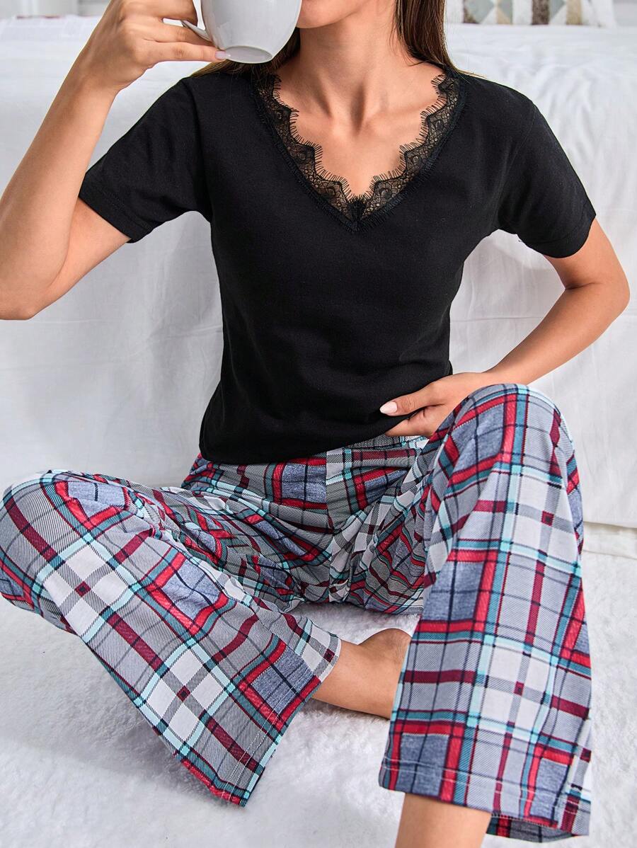 RueChic 2Pcs  Lace Detail Top And Plaid Printed Long Bottom Lounge Set - Black - View 1