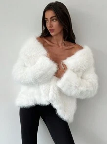 Aloruh New White Windbreaker Warm Long Sleeve Versatile Commuting & Dating Fluffy Jacketwinter, Elegant, Old Moneybusiness Casual, White, Furry, Faux Fur, Long Sleeve - White - View 7