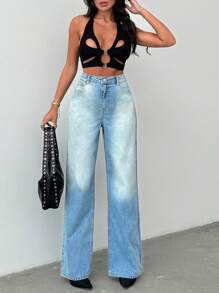 SHEIN Cottnline QUẦN JEAN CAO CẤP CHÂN RỘNG MÀU XANH DƯƠNG NHẠT 100% COTTON - Rửa nhẹ - Xem 5