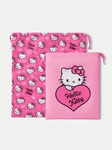 HELLO KITTY AND FRIENDS | SHEIN 2pcs/Set Kitty Cartoon Printed Drawstring Storage Pouches