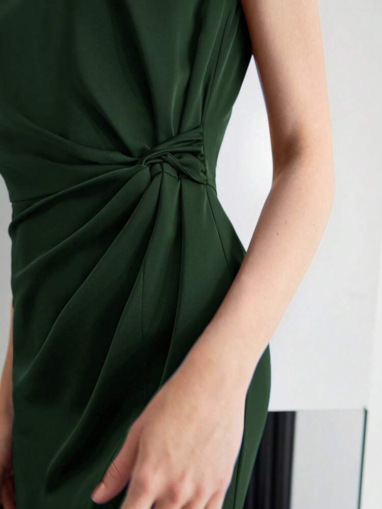 MOTF PREMIUM 纯色扭腰开衩下摆中长连衣裙 - 綠色 - 查看 2