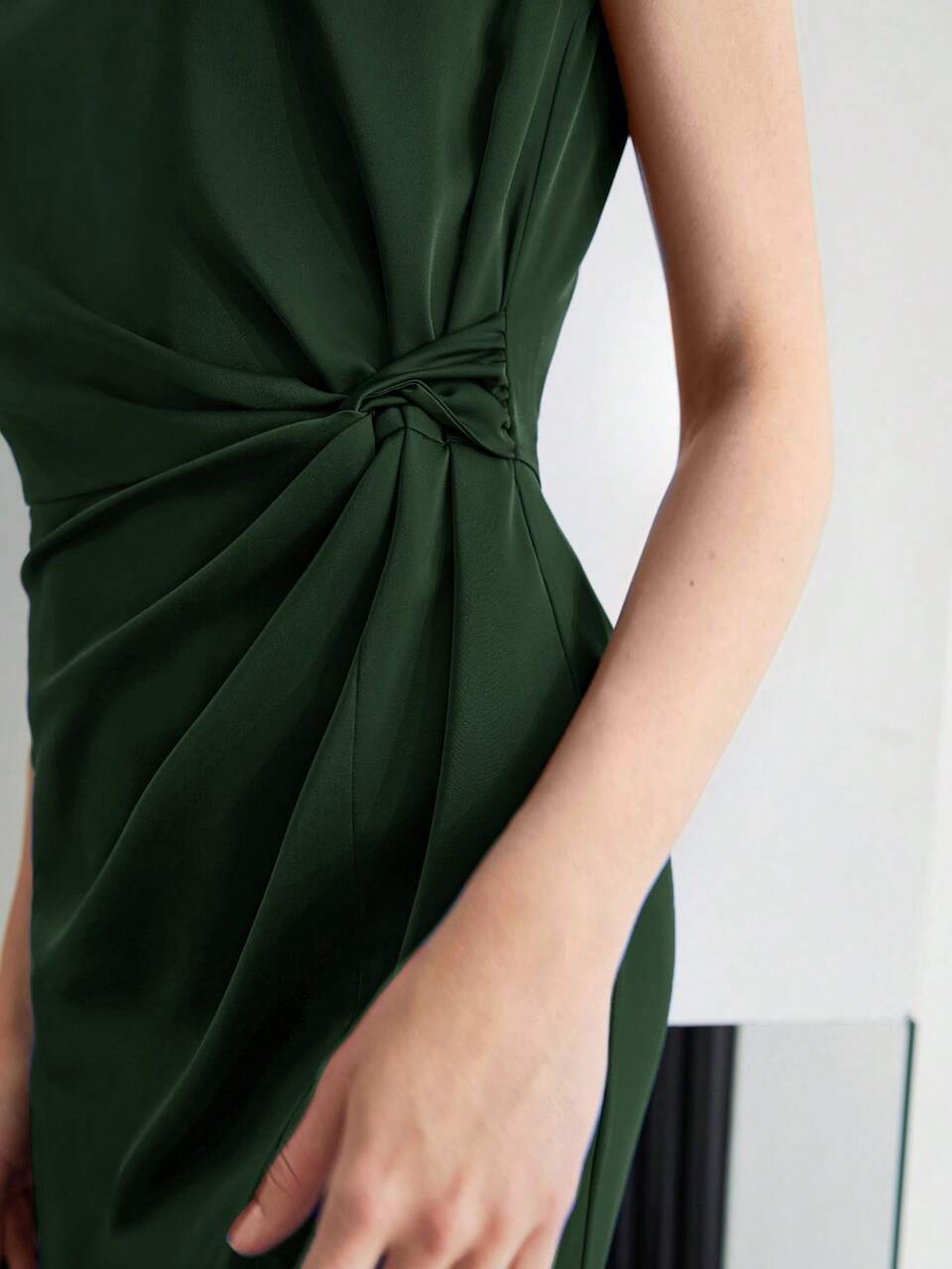 SOLID TWIST WAIST SPLIT HEM MIDI DRESS