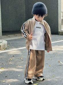 SHEIN Little Byeori 两件套男童休闲韩版舒适实用柔软抓绒拉链连帽衫和裤子套装，适合日常穿着、上学、外出、运动、秋冬季节。