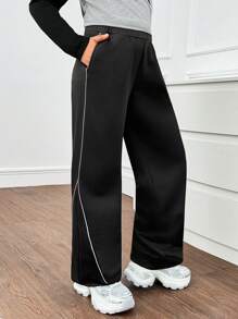 Tween Girl Casual Reflective Stripe & Star Print Sports Pants, Back To School Outfit - Grey - View 4