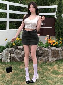 DAZY 女式水洗做旧牛仔迷你裙牛仔裙 - 黑色 - 查看 2