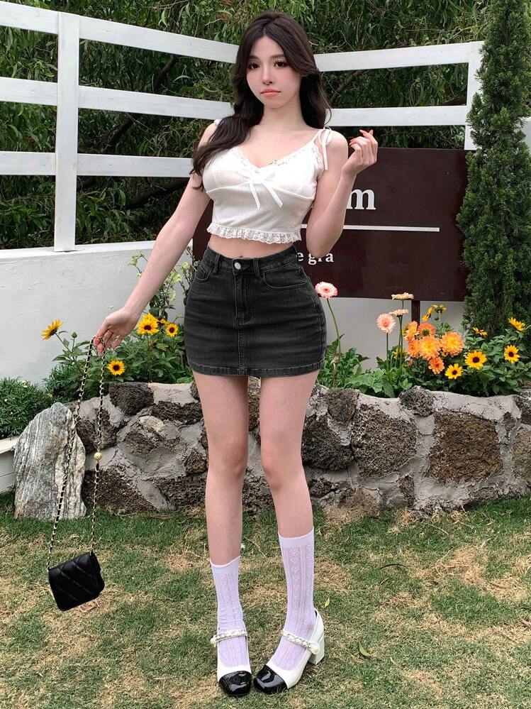 Joudiya ウィメンズ ウォッシュ加工 ダメージデニム ミニスカート - ブラック - 見る 2