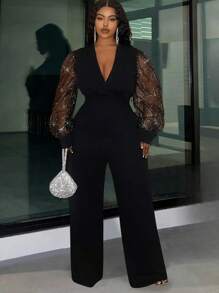 Slaydiva 大码优雅派对修身纯黑色深 V 领褶皱腰长袖透明网眼拼接超长女式连体裤，春秋季 - 黑色 - 查看 1