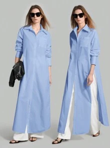 Ontre New 2026 Spring/Summer Women's Casual Loose Vacation Matching Shirt, Blue Long Shirt, Women's Shirt, Women's Button-Up Shirt, Commuting, Summer Business Casual Women's Vacation Beach Birthday Party Outfit, Women's Teacher Outfit, Light Blue Women's Office Wear Modern Urban Casual Fashion Business Casual Women's Office Wear Low-Key Old Money Style Effortless Temperament High-End Urban Commuting High-Quality Airport Women's Wear High-End Material - Blue - View 11