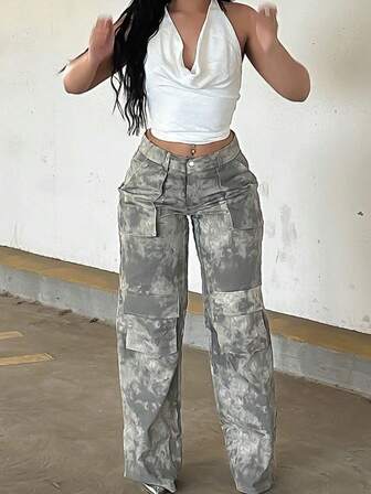 American High Street Style Camouflage Denim Straight Jeans For Women