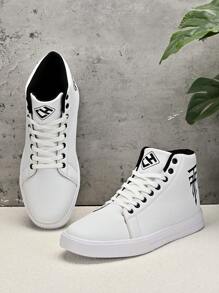 Plus Size Men's Lace-Up High-Top PU Leather Simple Boots. Waterproof, Windproof, Slip-Resistant, Lightweight, Fashionable Casual Shoes, Dance Shoes, Skateboarding Shoes - White - View 8