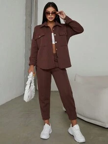 EURMUSE 翻蓋口袋落肩袖外套和褲子