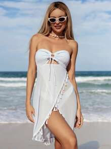 夏季用流蘇飾邊束腰露肩連身裙 - 白色 - 查看 2