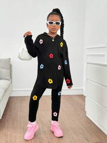SHEIN Leap Crew 2 件套 Tween Girls 宽松花卉刺绣连帽衫和阔腿运动裤套装 - 黑色 - 查看 4