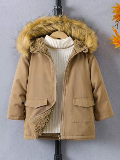 年轻男孩休闲卡其色工作服羊毛长款连帽外套，带贴袋，适合秋冬季，适合各种场合的外套