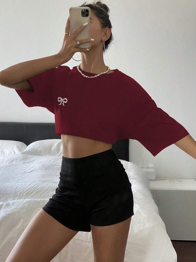 Bow Embroidered Loose Crew Neck Women T-Shirt Oversized T-Shirt,Fall Clothes Preppy Tops