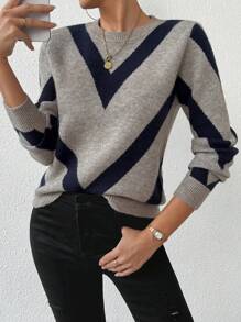 EMERY ROSE 2024 Autumn/Winter New Arrivals Geometric Striped Pullover Sweater,Long Sleeve Tops, Knit Pullover Fall - Multicolor - View 5