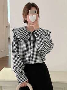 DAZY Women's Peter Pan Collar Ruffle Plaid Loose Shirt,Fall Clothes - Black and White - View 2