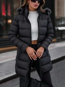 Faux Fur Hoodie Zip Up Pocket Detailed Warm Feel Long Winter Coat - Black - View 6