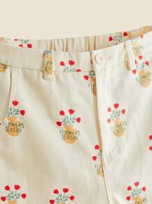 SHEIN Tween Girls Floral Print Wide Leg Straight Casual Pants, Fall/Winter - Beige - View 6