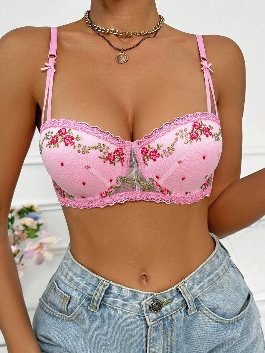 SHEIN Women Embroidered Mesh Lace Trim Bra - Pink - View 1