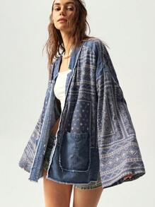 Bohemela Chaqueta suelta y casual de hombros caídos con tema vacacional para mujeres