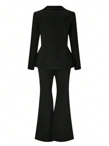 SHEIN Clasi Plus Size Nữ Mùa Xuân, Mùa Thu Chắc Chắn Áo Blazer Tay Dài Và Vòng Bít Loe Bộ Đồ Công Sở Thanh Lịch - màu đen - Xem 2