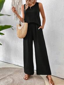 Breezaya Vacation Casual Solid Color Cami & Wide Leg Pants 2pcs Set - Black - View 6