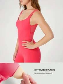 GLOWMODE 28" FeatherFit™ Mesh Panel Cut-Out Design Bodysuit Jumpsuit Low Impact Yoga Pilates Daily - Coral Pink - View 4