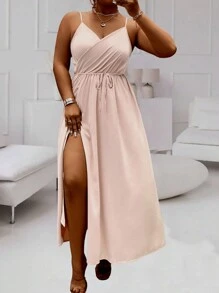 SHEIN Unity Plus Size Solid Color Criss-Cross Wrap Light Pink Cami Tank Dress - Pink - View 1