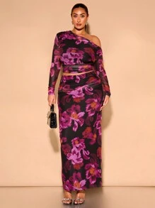 SHEIN BAE 大码秋季优雅性感女式全身大花网眼印花不对称露肩长袖T恤和长裙女士两件套仙女核心套装，度假装 - 黑色 - 查看 3