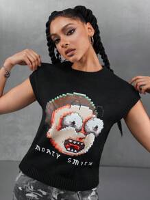 Rick and Morty X SHEIN 女士休闲卡通人物与字母图案毛衣背心（不含 T 恤） - 黑色 - 查看 1