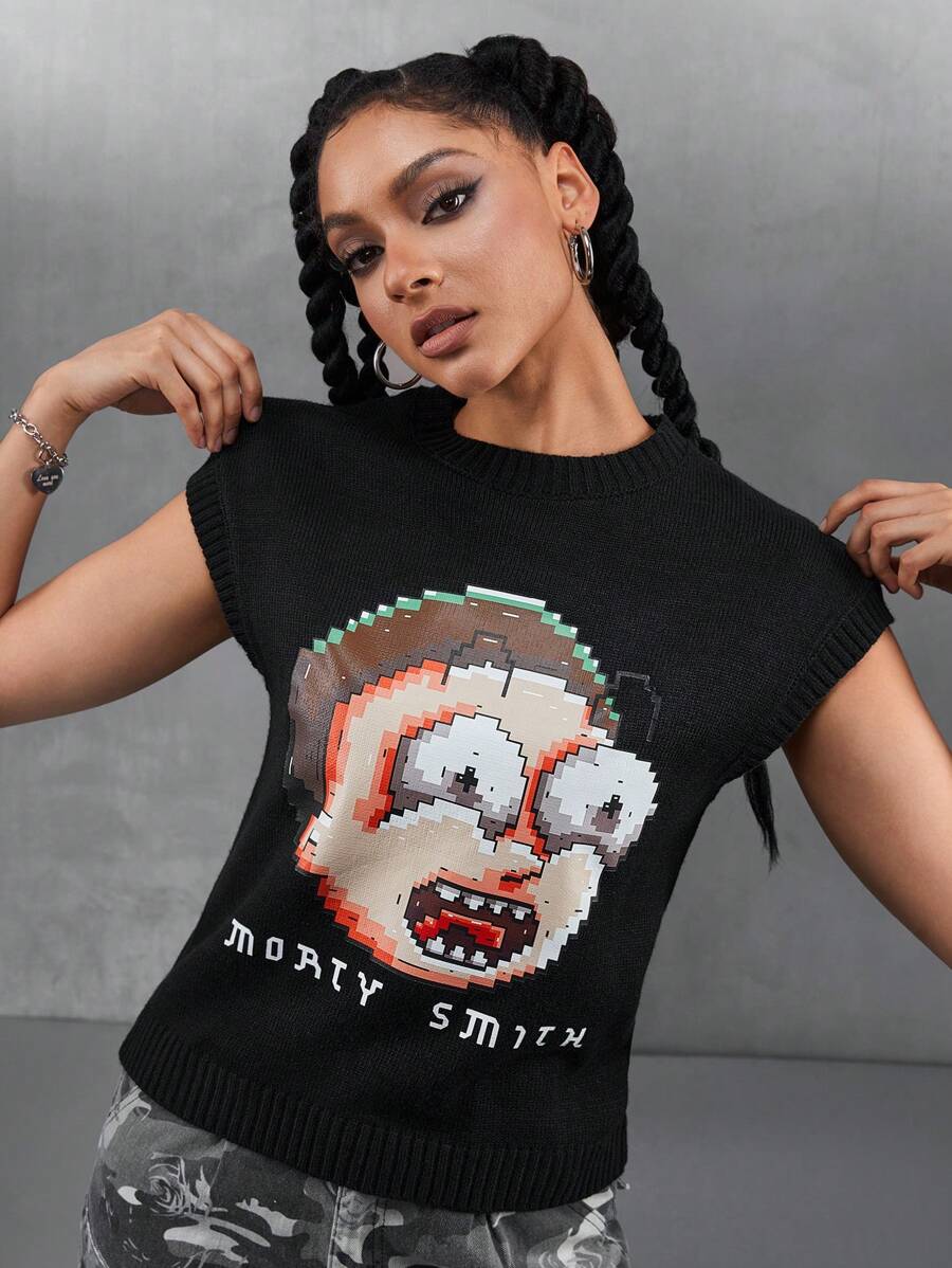 Rick and Morty X SHEIN 女士休闲卡通人物与字母图案毛衣背心(不含 T 恤) - 黑色 - 查看 1
