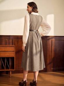 Vintamour Vintage Elegant Ladies' Fitted Belted Midi Dress With Pleated Hem Tall Women Fall Women Clothes Long Dress Winter Women Clothes Old Money Renaissance Dress Business Casual Women 90s Outfit Homecoming Dresses Fall Wedding Guest Dress Midi Women Dresses Renaissance Fair Thanksgiving Dress Business Women Clothes Old Money Dresses For Women Elegant