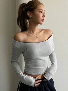 DAZY 极简性感露肩长袖 T 恤、秋装、返校服 - 灰色 - 查看 4