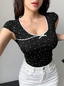 DAZY Áo thun ngắn tay chấm bi mùa hè dành cho nữ có trang trí nơ - màu đen - Xem 11