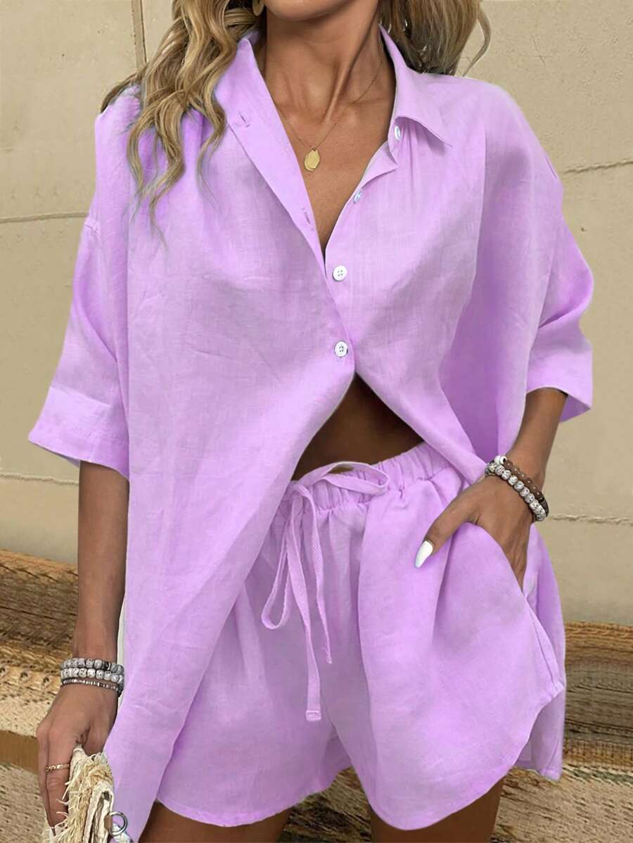 EMERY ROSE Bộ 2 chiếc áo trễ vai và quần short dây rút eo dành cho nữ mùa hè dáng rộng màu trơn - Màu tím - Xem 1