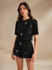 Anewsta 2 件套优雅串珠装饰短袖短裤夏季服装 - 黑色 - 查看 7