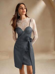 夏季优雅条纹 3D 花卉装饰不对称下摆细肩带连衣裙 - 藍色 - 查看 5