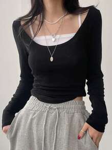 DAZY Dames lente/zomer casual 2 in 1 lange mouw T-shirt, colorblock T-shirt