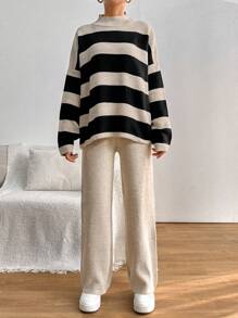 EURMUSE Striped Pattern Drop Shoulder Sweater & Knit Pants - Black and White - View 4