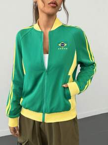 Muchica Women's Casual Raglan Sleeve Brazil National Flag Color Block Baseball Jacket, Spring Autumn - Green - View 6
