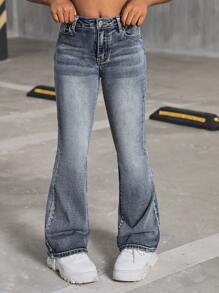 SHEIN Tween Girls Y2K Retro Washed High Waist Cat Whisker Washed Flare Leg Jeans,Tween Girl Fall Clothes Back To School Streetwear Outfits