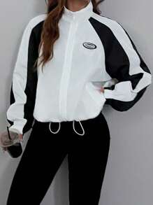 SHEIN EZwear Plus Size Women Black & White Contrasting Casual Bomber Jacket With Pockets, Fall/Winter Back To School - Black and White - View 1