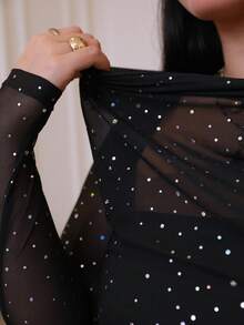 SHEIN BAE 大码女式圆领长袖闪亮亮片修身优雅别致衬衫 - 黑色 - 查看 7