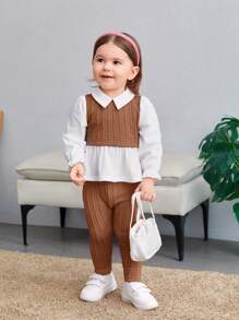 SHEIN 2pcs Baby Girls Casual Cute Knitted 2 In 1 Spliced Collar Long Sleeve Top & Elastic Waist Pants Set