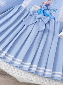 Young Girl Cute Blue Sweater Dress, Princess Style Cartoon Design Knitted Dress For Children, Suitable For Daily Wear, Outings, Autumn & Winter - Blue - View 5