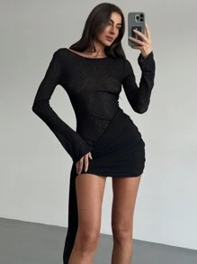 Aloruh Black Semi-Sheer Long Sleeve Midriff-Flattering Tie Mini Bodycon Dress For Women
