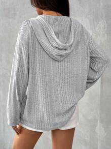SHEIN EZwear Women's Casual Dropped Shoulder Long Sleeve Loose Gray Knit Hooded Tee, Spring & Fall